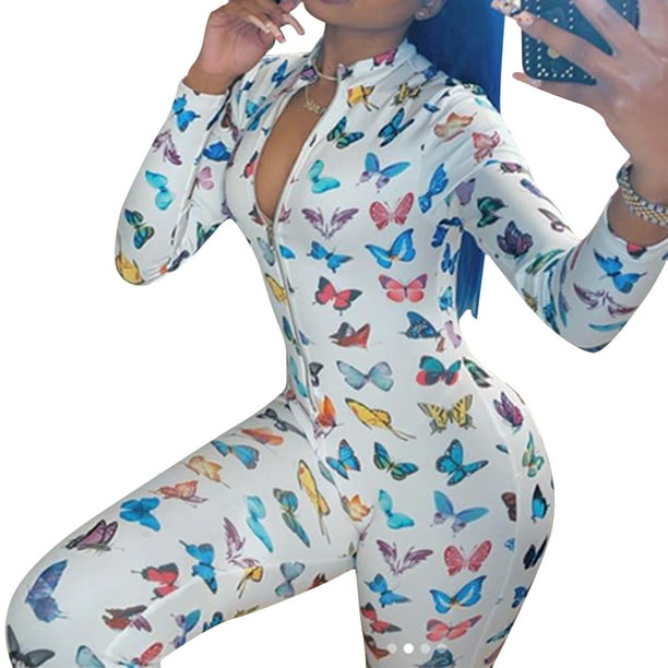 Women Jumpsuit Pajamas Womens Butterfly Print Onesie Pajamas with Butt Flap Long Sleeve Bodysuit Bodycon Sleepwear